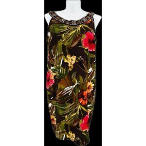 Connected Woman Beaded Neckline Dress Size 20W Tropical Print Brown, Green, Red